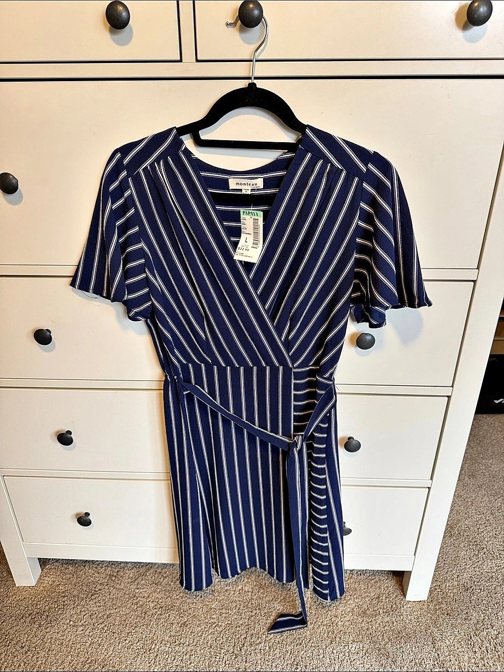 Monteau Striped Wrap Mini Dress Blue & White Large NWT